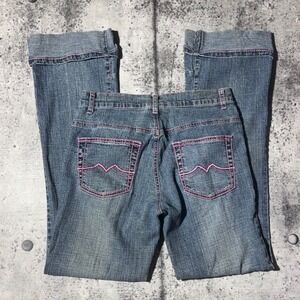 Apollo Jeans Womens 9/10 Blue Flared Denim Pink Contrast Stitch Y2K Wide Leg